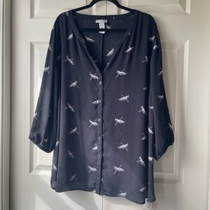 Catherines Black Blouse with Crane Print